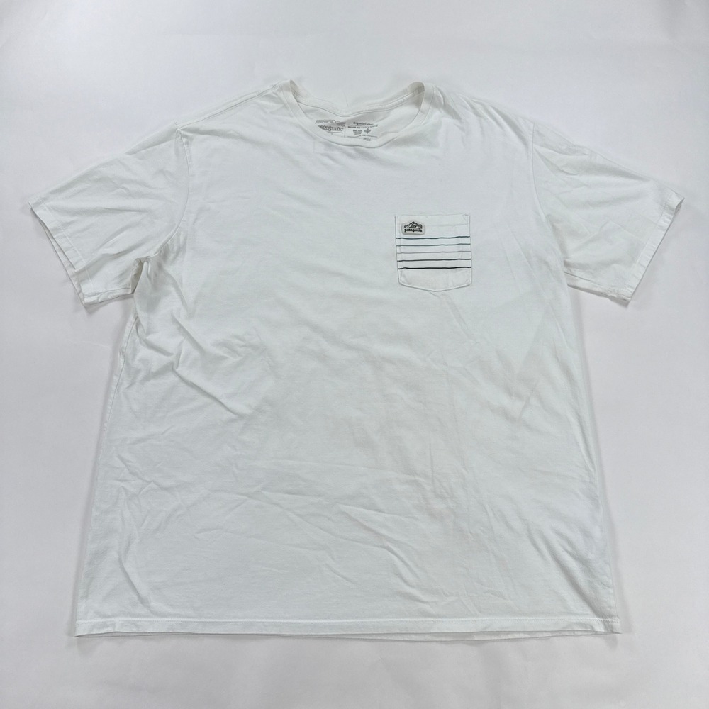Patagonia Mens T-Shirt XXL White Organic Cotton Striped Pocket Crewneck Tee